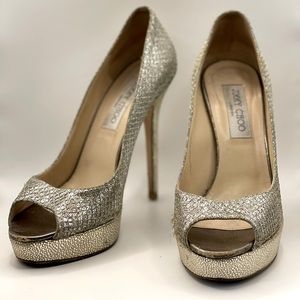 Jimmy Choo Dahlia 5-inch Silver Glitter Sparkling Open Toed High Heals